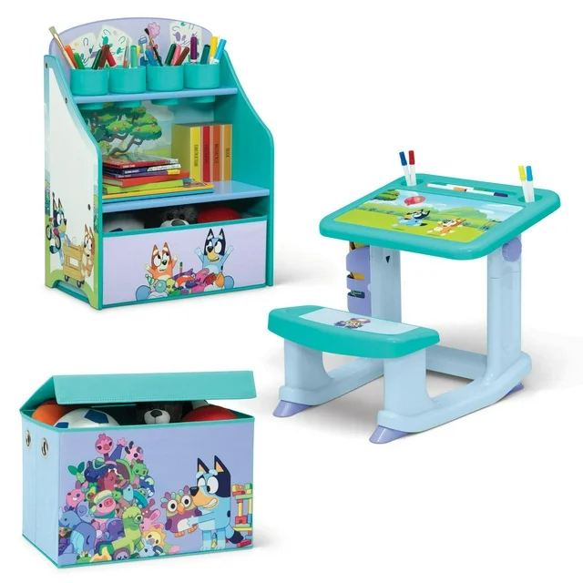 Bluey 3-Piece Art & Play Toddler Room-in-a-Box by Delta Children – Includes Draw & Play Desk, Art & Storage Station & Fabric Toy Box, Blue