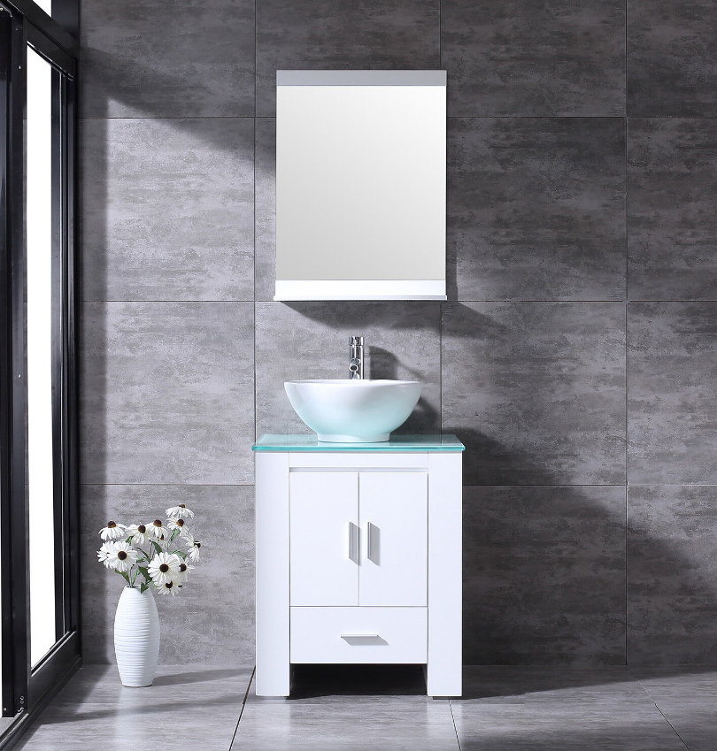 24" Modern Bathroom Vanity Plywood Cabinet Ceramic Vessel Sink Faucet Drain Set